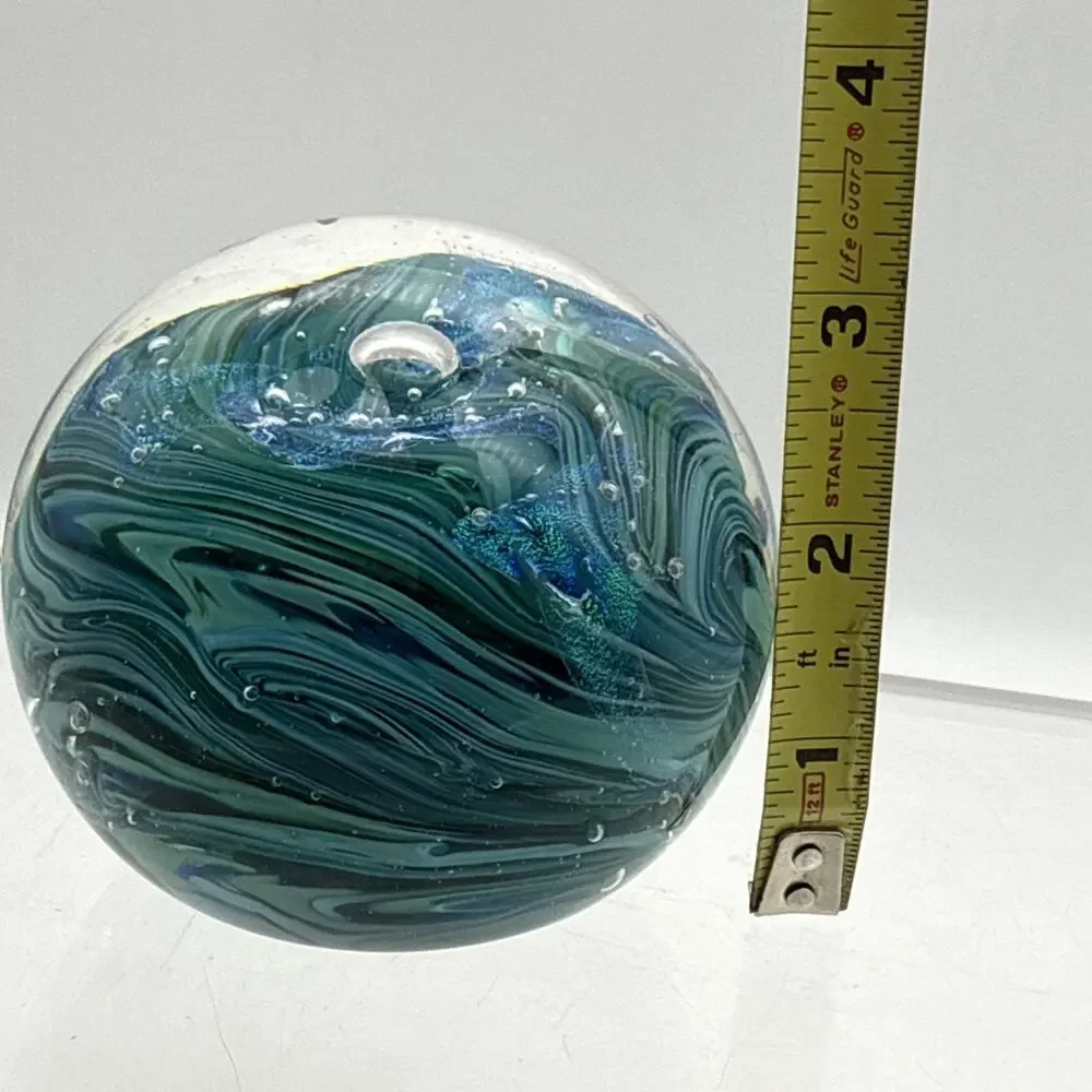 Signed Blue Green Swirl Art Glass Paperweight Control Bubbles Metallic Accents